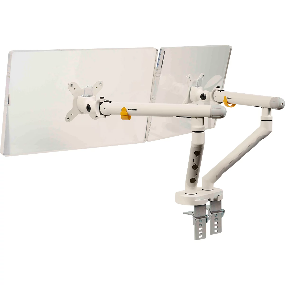 Monitorarm BakkerElkhuizen BE Flexible Dual, voor 2 monitoren, tot 10 kg, draaibaar, kantelbaar en zwenkbaar, klembreedte 80 mm, VESA-compatibel, ergonomisch, in hoogte verstelbaar van 170 tot 582 mm, lichtgrijs/wit