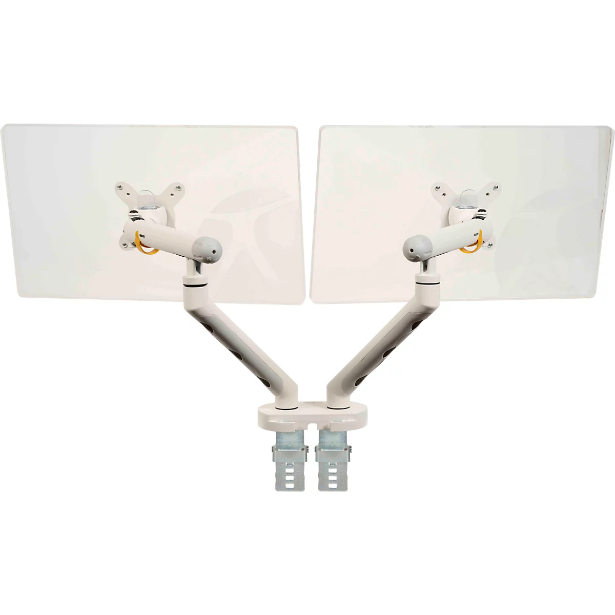 Monitorarm BakkerElkhuizen BE Flexible Dual, voor 2 monitoren, tot 10 kg, draaibaar, kantelbaar en zwenkbaar, klembreedte 80 mm, VESA-compatibel, ergonomisch, in hoogte verstelbaar van 170 tot 582 mm, lichtgrijs/wit