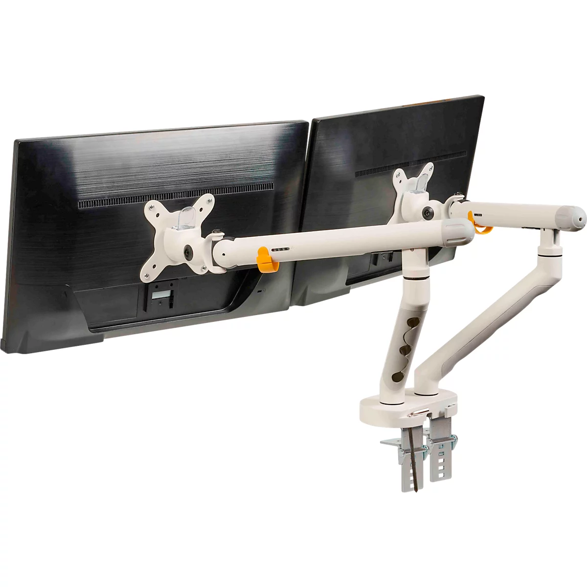 Monitorarm BakkerElkhuizen BE Flexible Dual, voor 2 monitoren, tot 10 kg, draaibaar, kantelbaar en zwenkbaar, klembreedte 80 mm, VESA-compatibel, ergonomisch, in hoogte verstelbaar van 170 tot 582 mm, lichtgrijs/wit