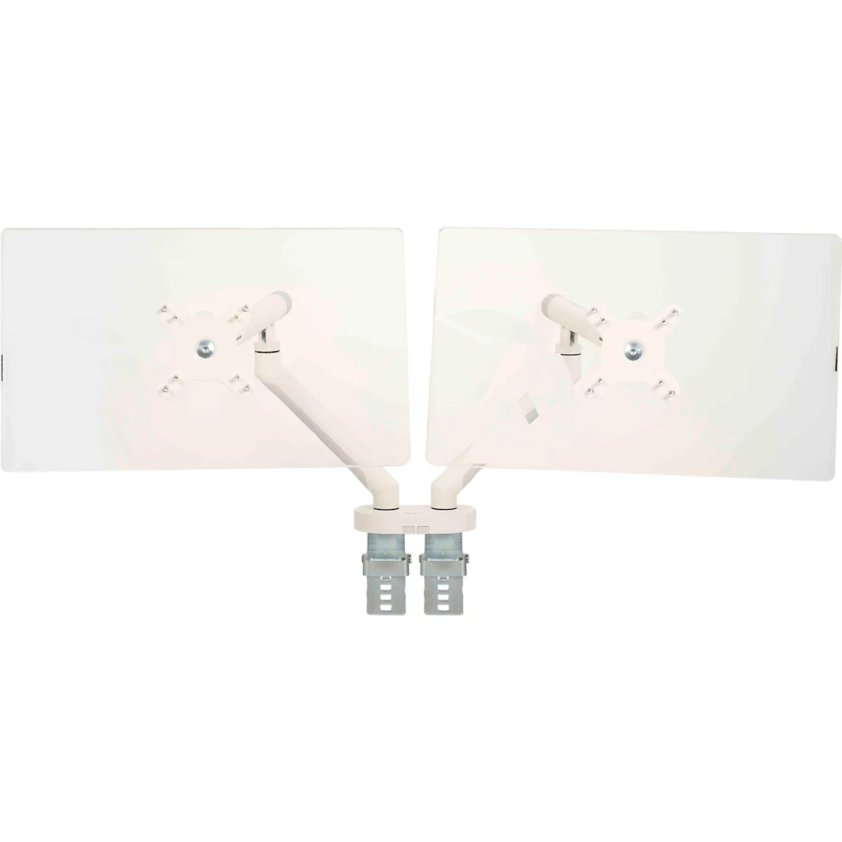 Monitorarm BakkerElkhuizen BE Flexible Dual, voor 2 monitoren, tot 10 kg, draaibaar, kantelbaar en zwenkbaar, klembreedte 80 mm, VESA-compatibel, ergonomisch, in hoogte verstelbaar van 170 tot 582 mm, lichtgrijs/wit
