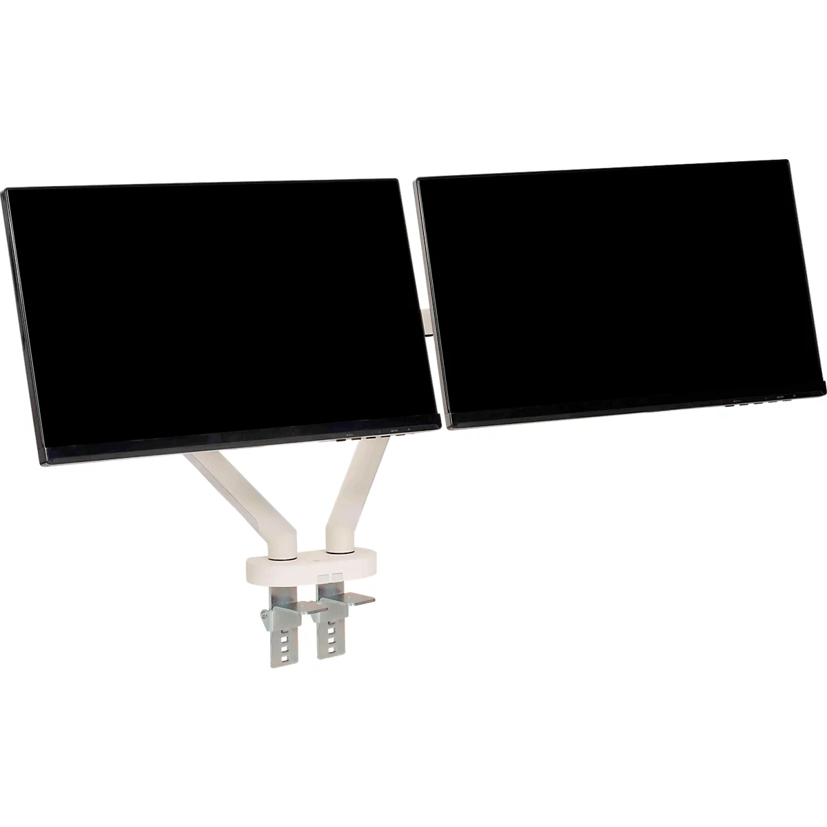 Monitorarm BakkerElkhuizen BE Flexible Dual, voor 2 monitoren, tot 10 kg, draaibaar, kantelbaar en zwenkbaar, klembreedte 80 mm, VESA-compatibel, ergonomisch, in hoogte verstelbaar van 170 tot 582 mm, lichtgrijs/wit
