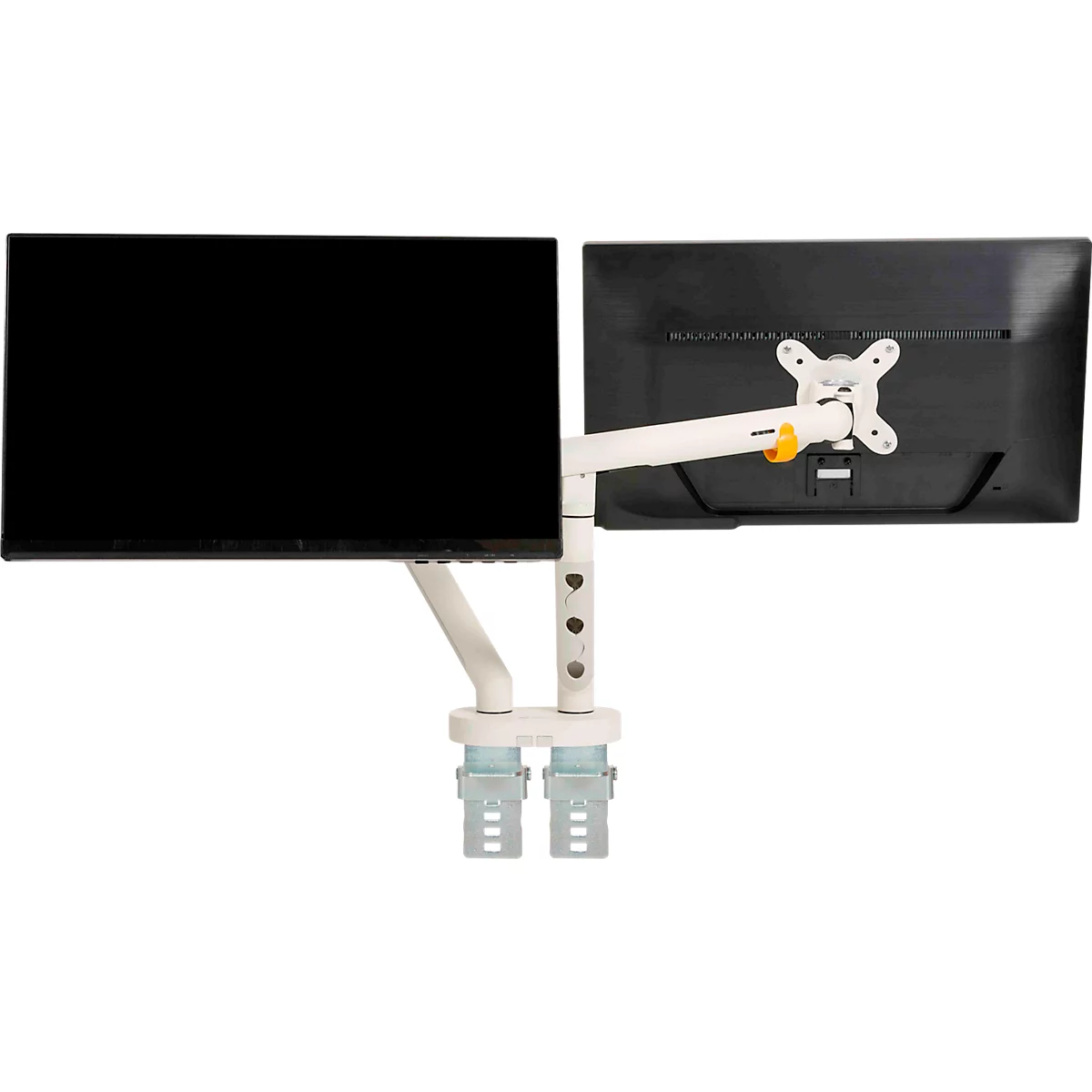 Monitorarm BakkerElkhuizen BE Flexible Dual, voor 2 monitoren, tot 10 kg, draaibaar, kantelbaar en zwenkbaar, klembreedte 80 mm, VESA-compatibel, ergonomisch, in hoogte verstelbaar van 170 tot 582 mm, lichtgrijs/wit