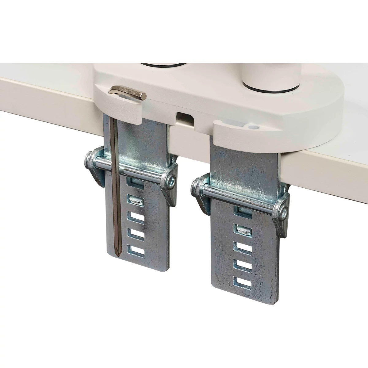 Monitorarm BakkerElkhuizen BE Flexible Dual, voor 2 monitoren, tot 10 kg, draaibaar, kantelbaar en zwenkbaar, klembreedte 80 mm, VESA-compatibel, ergonomisch, in hoogte verstelbaar van 170 tot 582 mm, lichtgrijs/wit