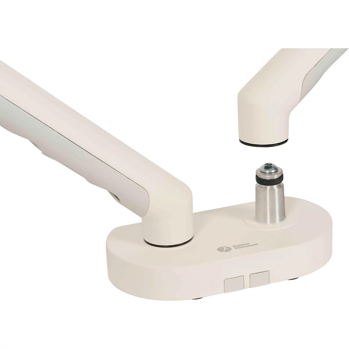 Monitorarm BakkerElkhuizen BE Flexible Dual, voor 2 monitoren, tot 10 kg, draaibaar, kantelbaar en zwenkbaar, klembreedte 80 mm, VESA-compatibel, ergonomisch, in hoogte verstelbaar van 170 tot 582 mm, lichtgrijs/wit