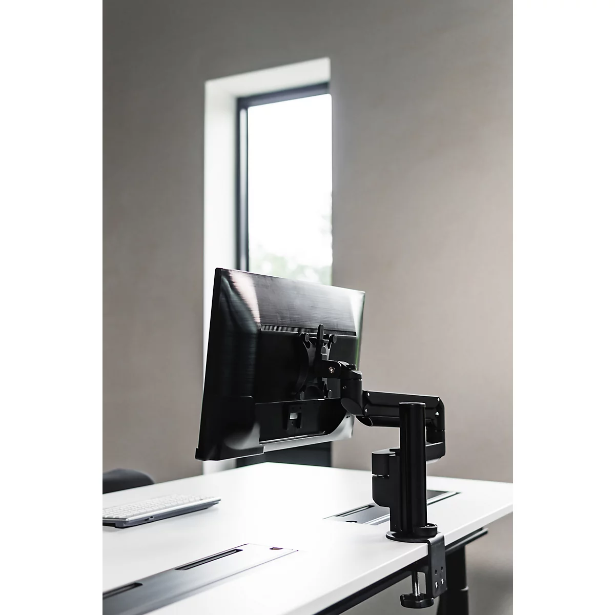 Monitorarm BakkerElkhuizen Filex Galaxy Flex Single, voor 1 beeldscherm tot 12 kg, in hoogte &amp; diepte verstelbaar, draaibaar &amp; kantelbaar, met tafelklem, zwart