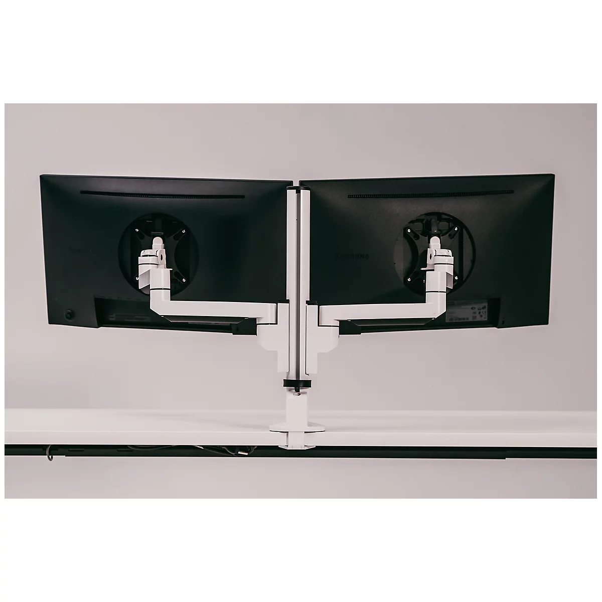 Monitorarm BakkerElkhuizen Filex Galaxy Modular Dual, voor 2 beeldschermen tot 12 kg, in hoogte &amp; diepte verstelbaar, draaibaar &amp; kantelbaar, met tafelklem, wit
