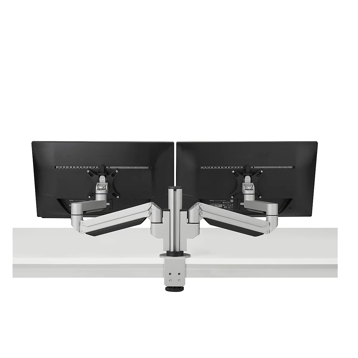 Monitorarm BakkerElkhuizen Filex Galaxy Modular Dual, voor 2 beeldschermen tot 12 kg, in hoogte &amp; diepte verstelbaar, draaibaar &amp; kantelbaar, met tafelklem, zilver