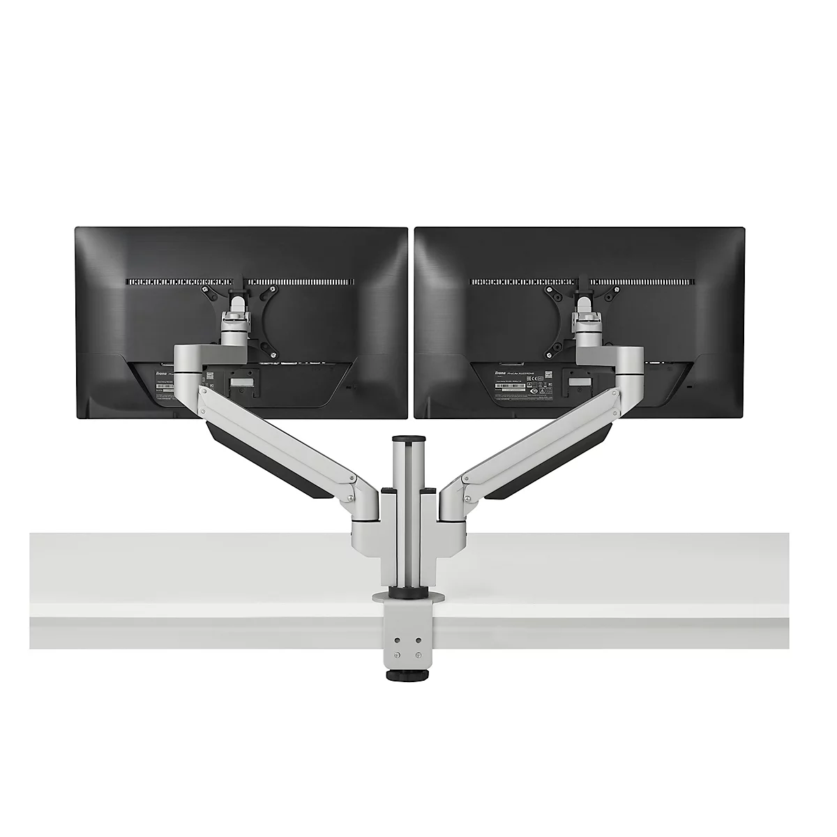 Monitorarm BakkerElkhuizen Filex Galaxy Modular Dual, voor 2 beeldschermen tot 12 kg, in hoogte &amp; diepte verstelbaar, draaibaar &amp; kantelbaar, met tafelklem, zilver