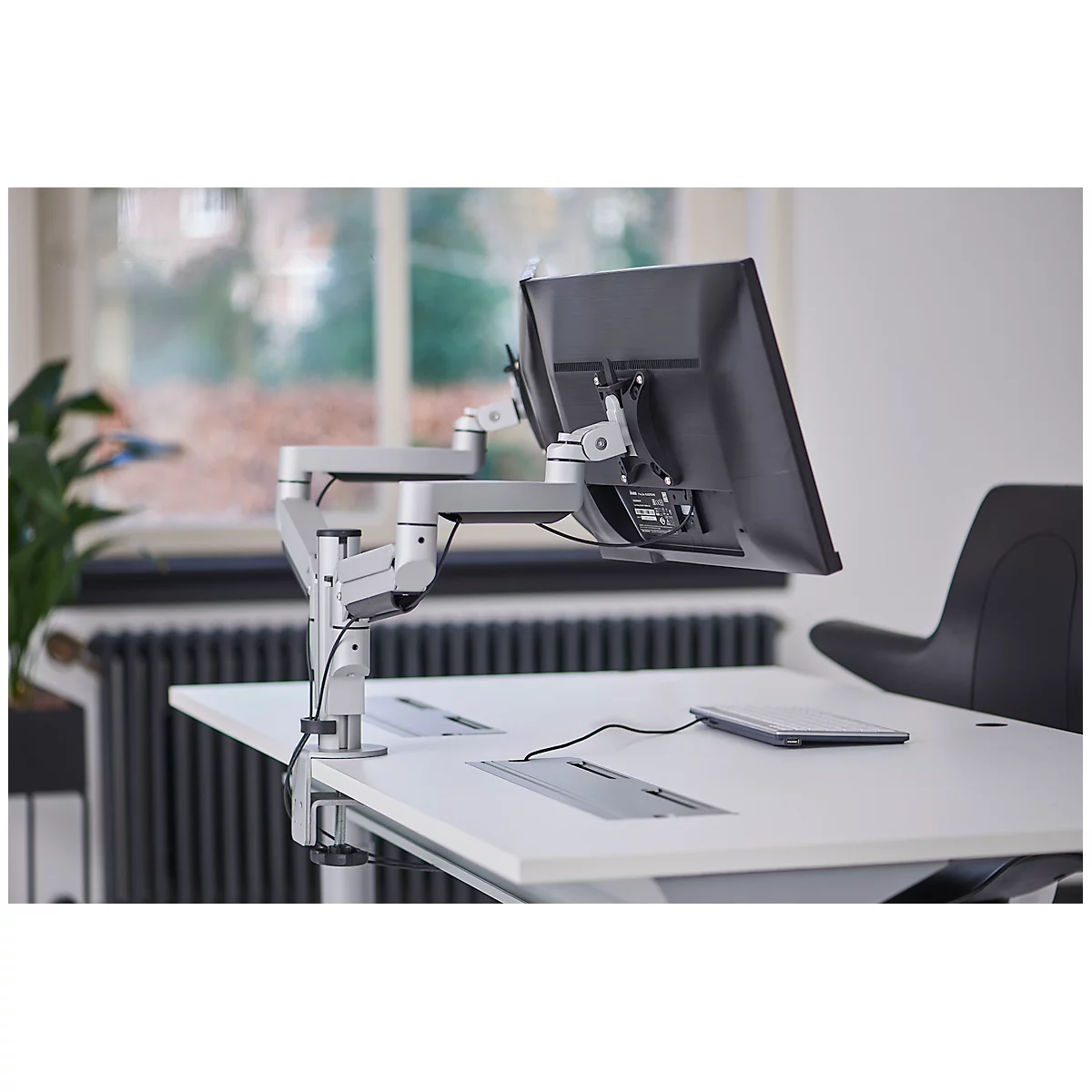 Monitorarm BakkerElkhuizen Filex Galaxy Modular Dual, voor 2 beeldschermen tot 12 kg, in hoogte &amp; diepte verstelbaar, draaibaar &amp; kantelbaar, met tafelklem, zilver