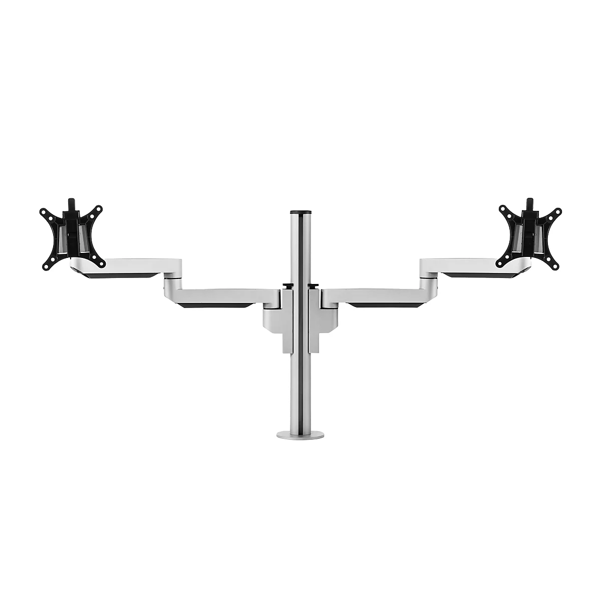 Monitorarm BakkerElkhuizen Filex Galaxy Modular Dual, voor 2 beeldschermen tot 12 kg, in hoogte &amp; diepte verstelbaar, draaibaar &amp; kantelbaar, met tafelklem, zilver