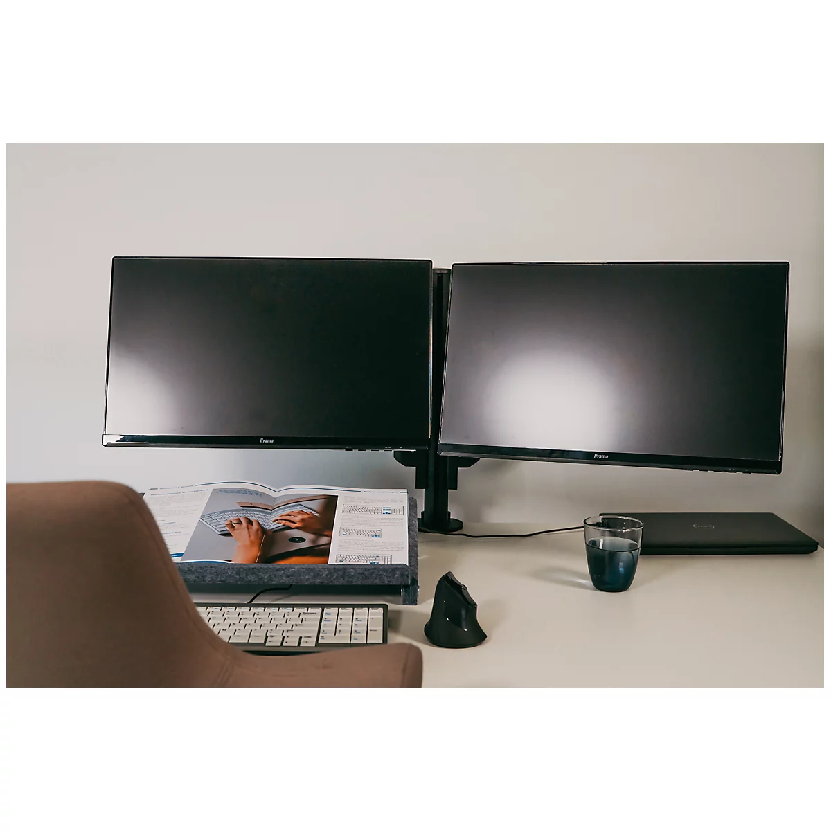 Monitorarm BakkerElkhuizen Filex Galaxy Modular Dual, voor 2 beeldschermen tot 12 kg, in hoogte &amp; diepte verstelbaar, draaibaar &amp; kantelbaar, met tafelklem, zwart