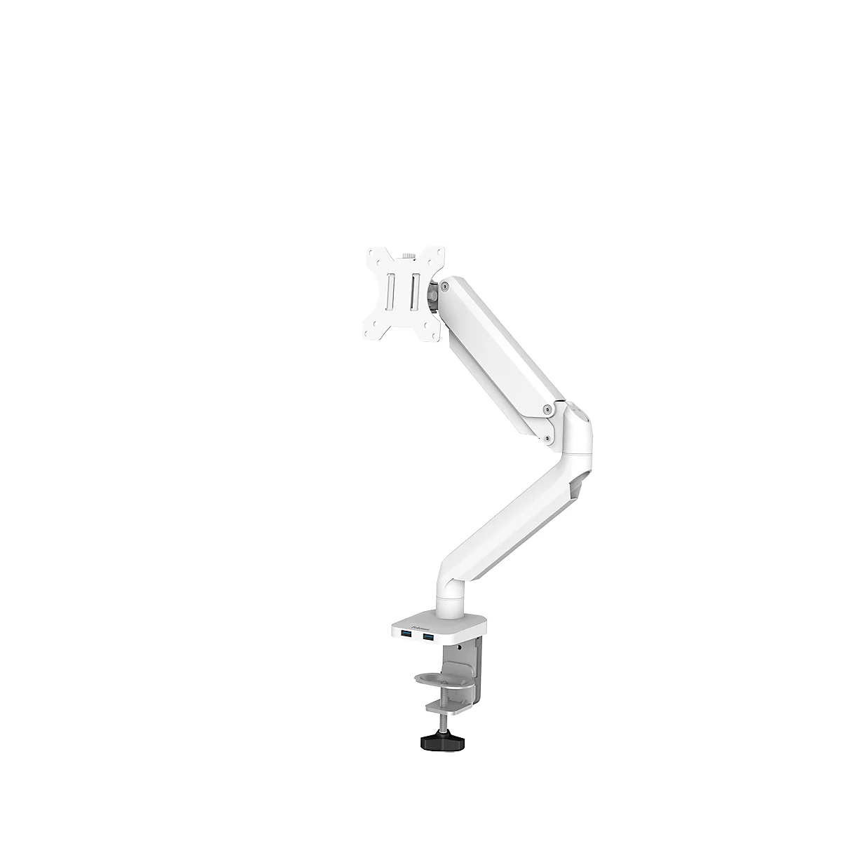Een witte monitorarm tegen een witte achtergrond. De arm is gebogen en bevestigd met een tafelklem.