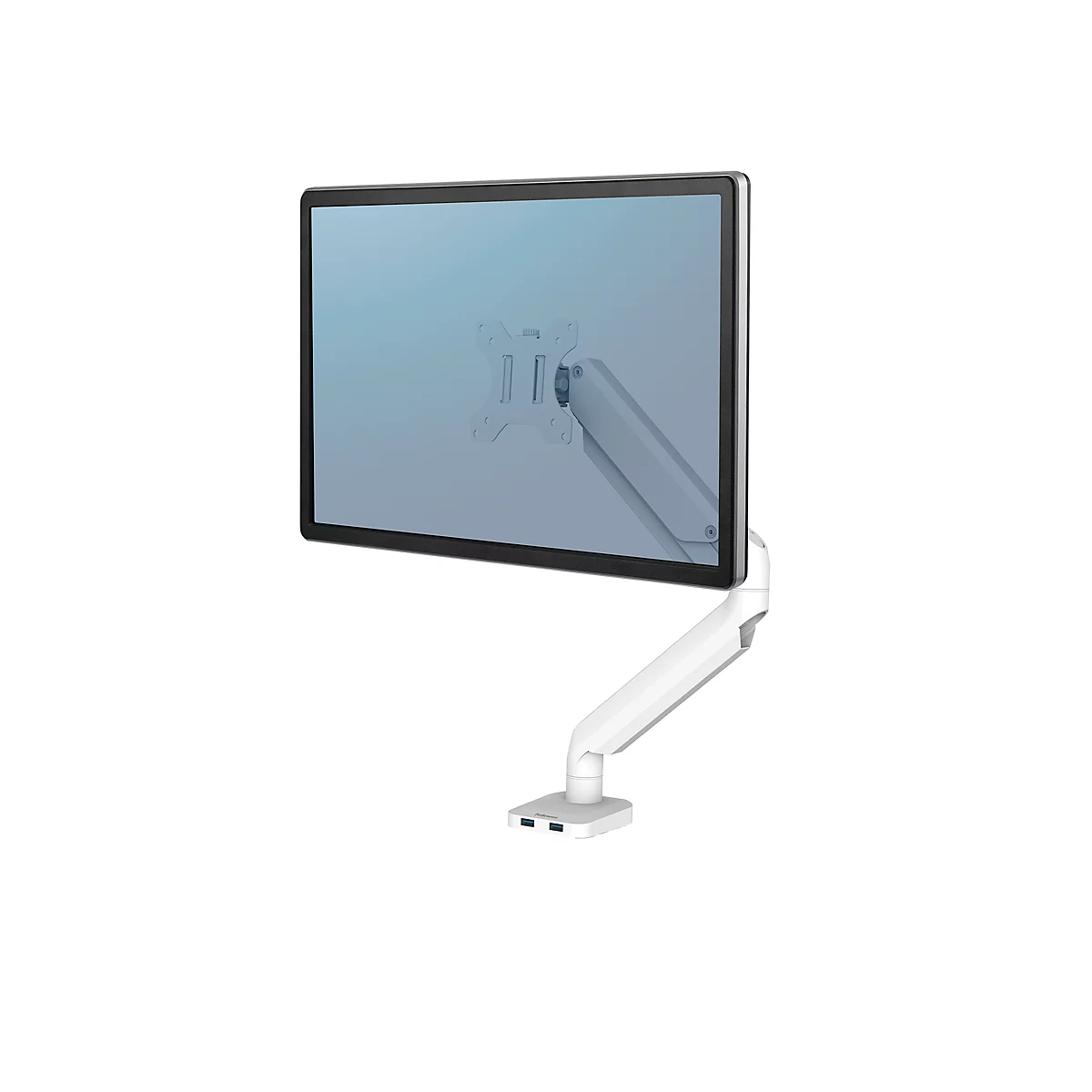 Witte monitor met beugel, tegen een witte achtergrond. De monitor is lichtblauw en toont een montagepatroon.