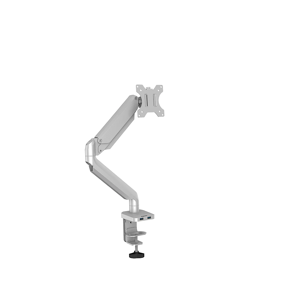 Een zilveren monitorarm, geplaatst op een witte achtergrond. Het heeft een klem voor bevestiging en een verstelbare armstructuur.