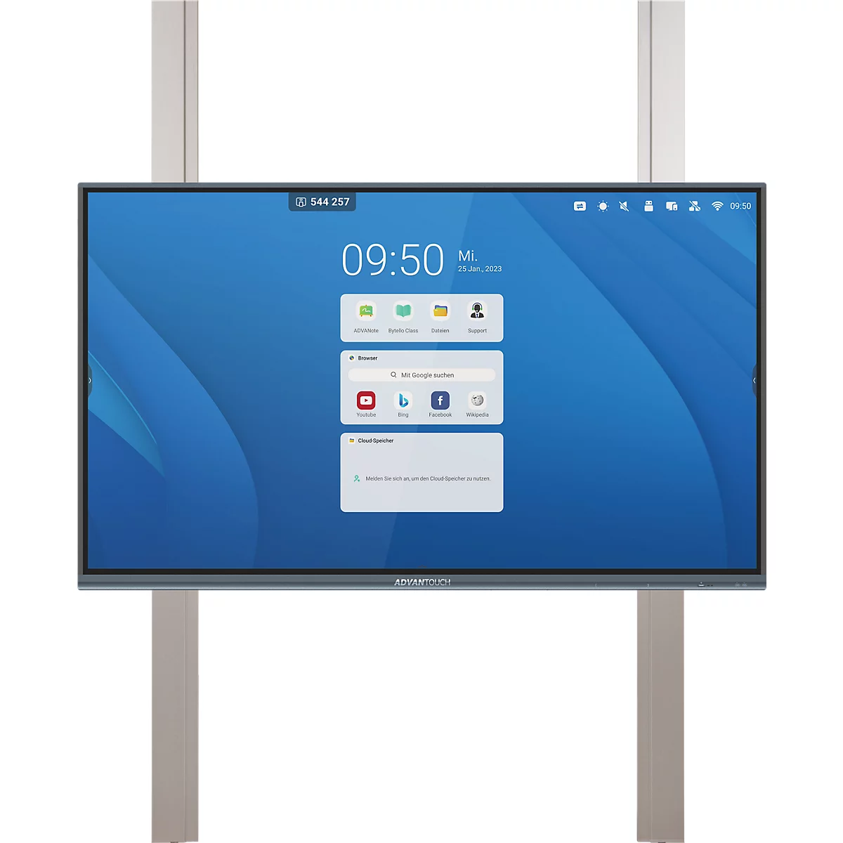 Plat scherm met touchscreen op standaards. Op het scherm tijd, datum, apps. Omringd door een grijs frame.