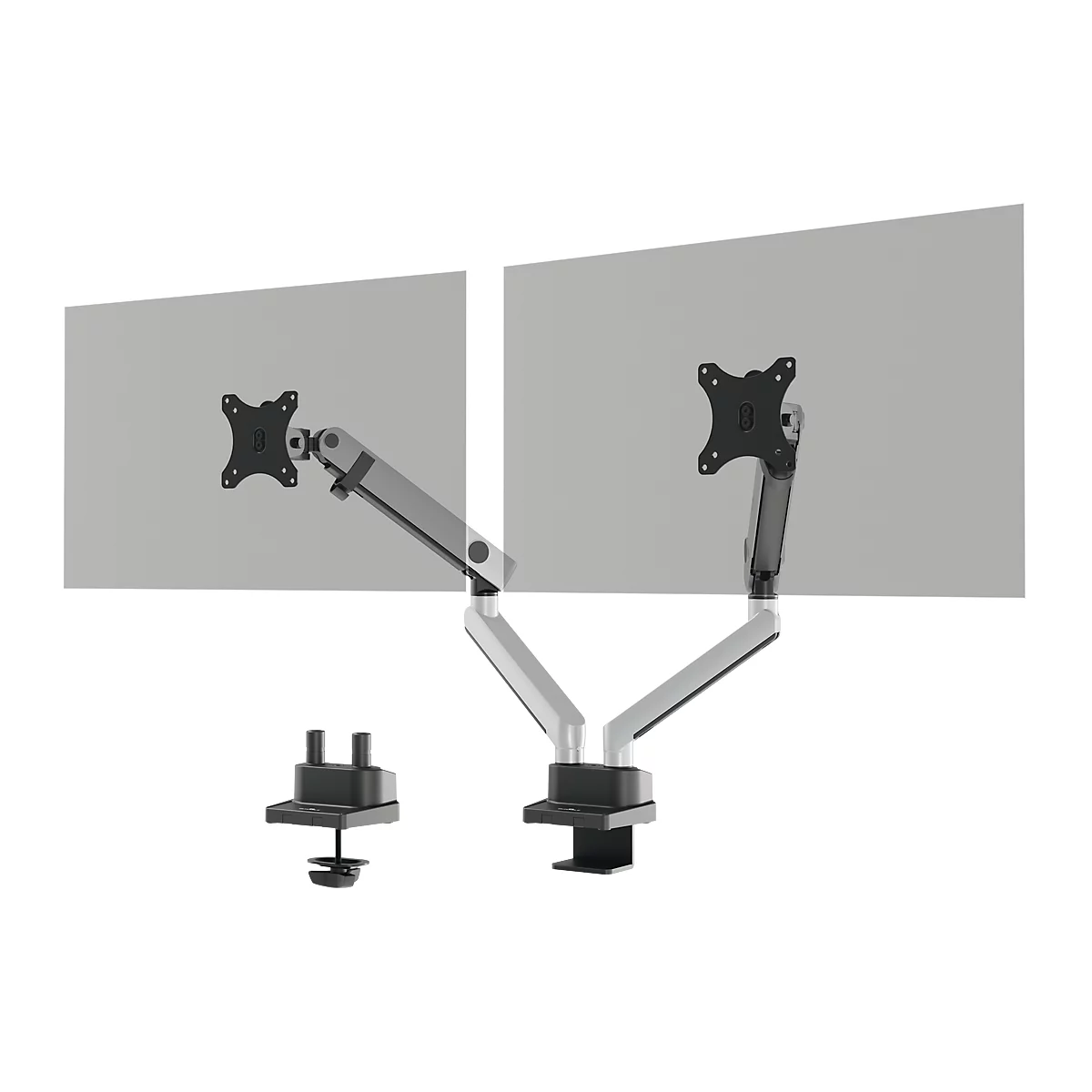 Monitorhalter Durable Select Plus, für 2 Monitore bis 32', mit Tischbefestigung, dreh-/schwenk-/höhenverstellbar, VESA-kompatibel, silber