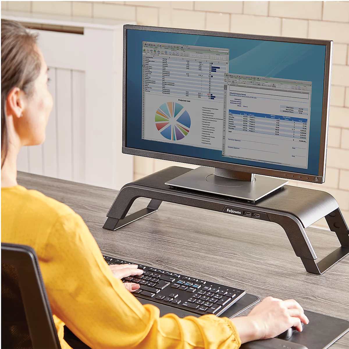 Monitorständer Fellowes Hana™, 3-fach höhenverstellbar, USB-Anschlüsse, bis 18 kg, schwarz