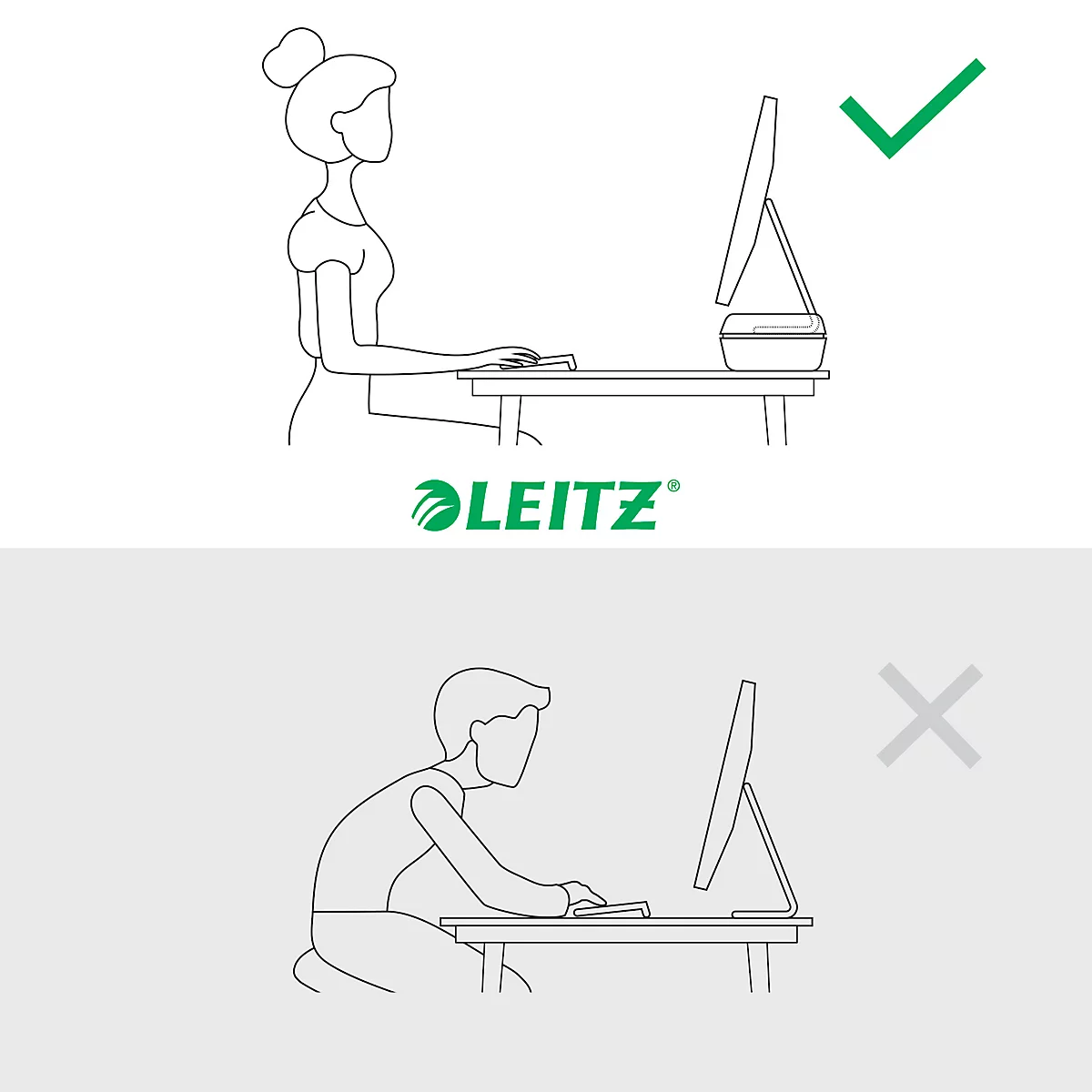 Monitorständer Leitz® Ergo, für 1 Display bis 27', höhenverstellbar, mit Stauraum für Tastatur, B 209 x T 438 x H 112 mm, hellgrau