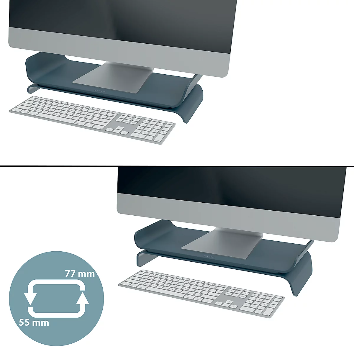 Monitorständer Leitz® Ergo, für 1 Display bis 27", höhenverstellbar, mit Stauraum für Tastatur, B 209 x T 438 x H 112 mm, samtgrau