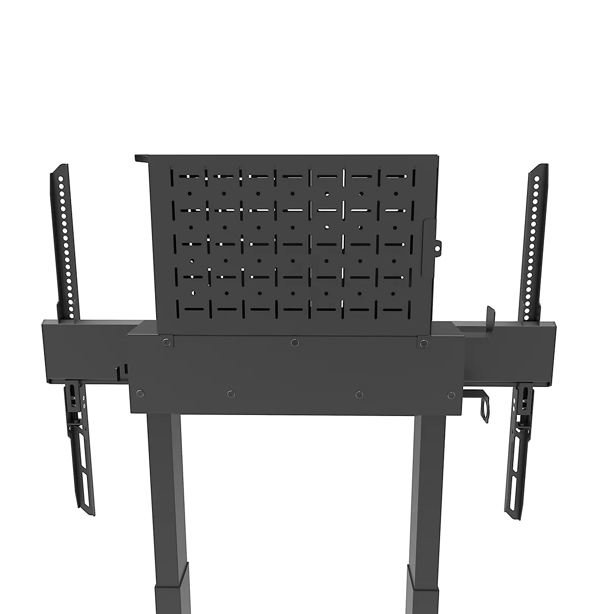 Nahaufnahme einer schwarzen Monitorhalterung, Details der Halterung und des Hebemechanismus.