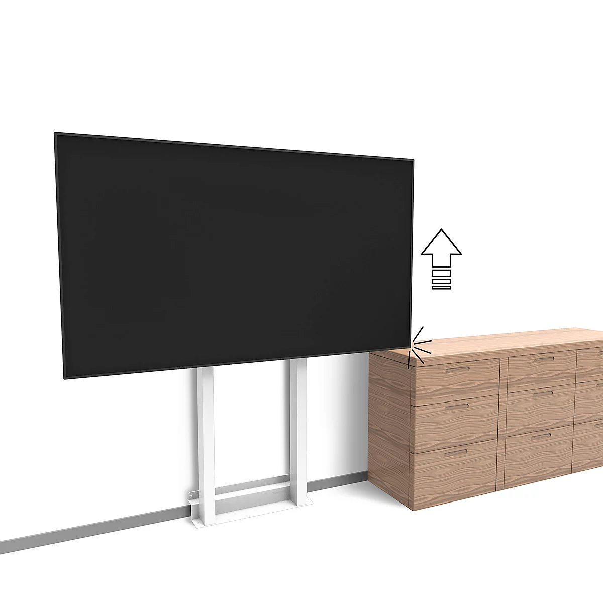 Schwarzer Fernseher an Wand, über Holzschrank. Pfeil zeigt Montage an.