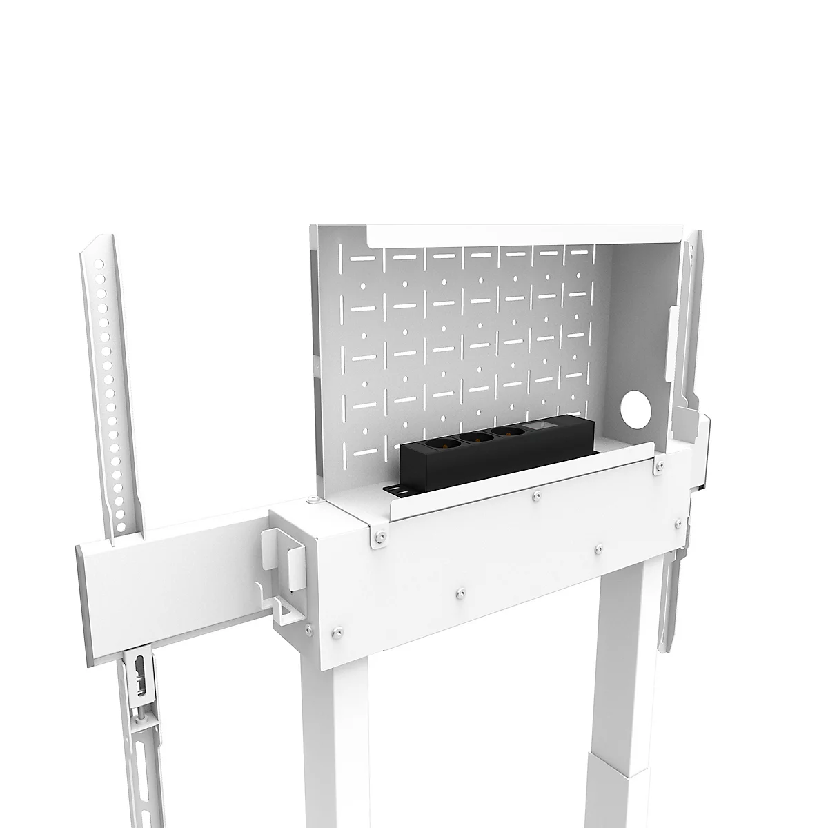 Weißer Metallrahmen mit offener Box, Steckdosenleiste. Die Box ist perforiert und mit Schrauben befestigt.