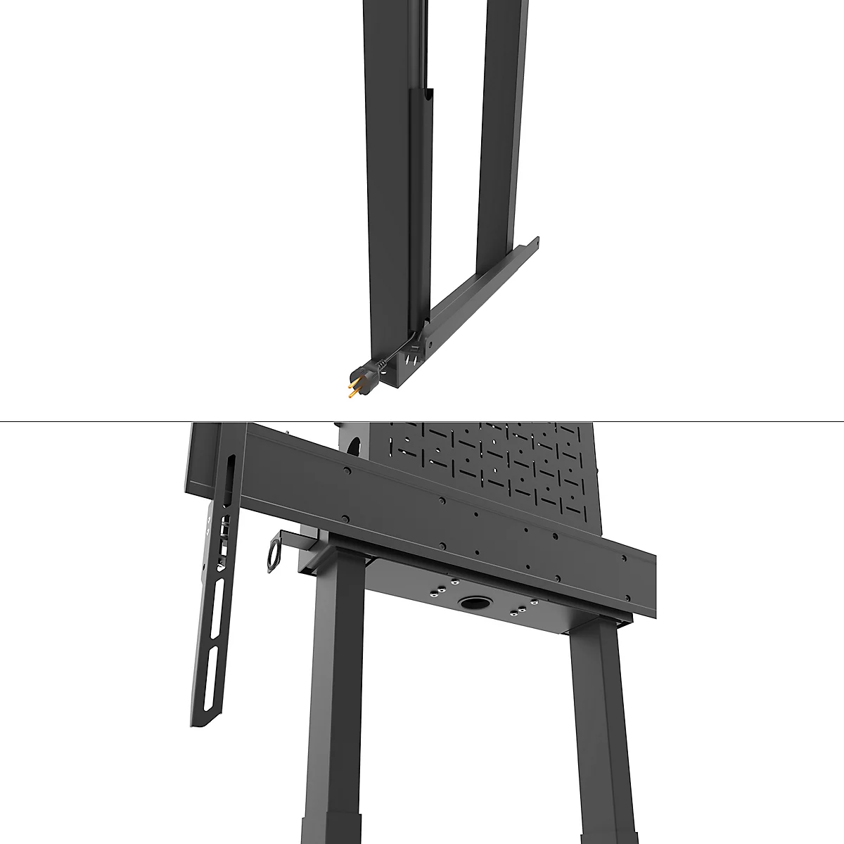 Zwarte presentatiestandaard detailopname. Toont beugels en aansluitingen voor het monteren van een scherm.