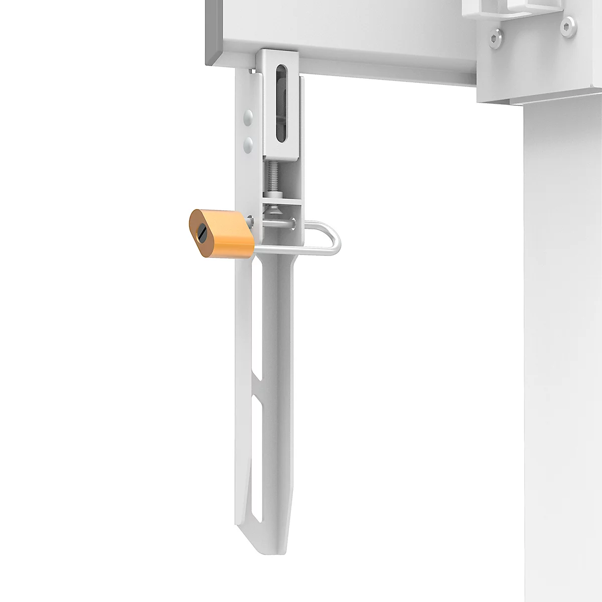 Close-up van een witte beugel met een oranje hangslot.