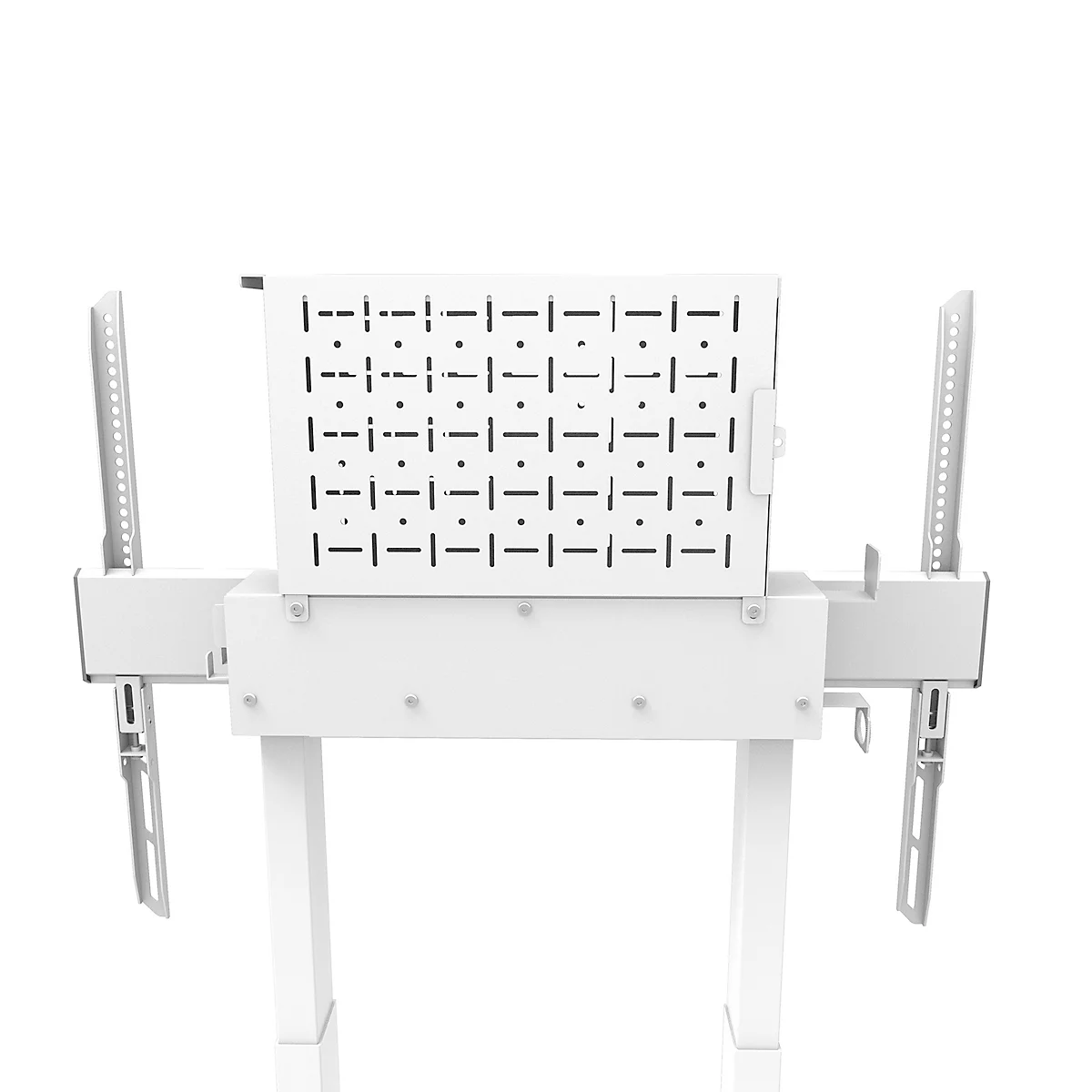 Witte, rechthoekige metalen behuizing met een patroon van gaten, met beugels bevestigd aan een wit frame.