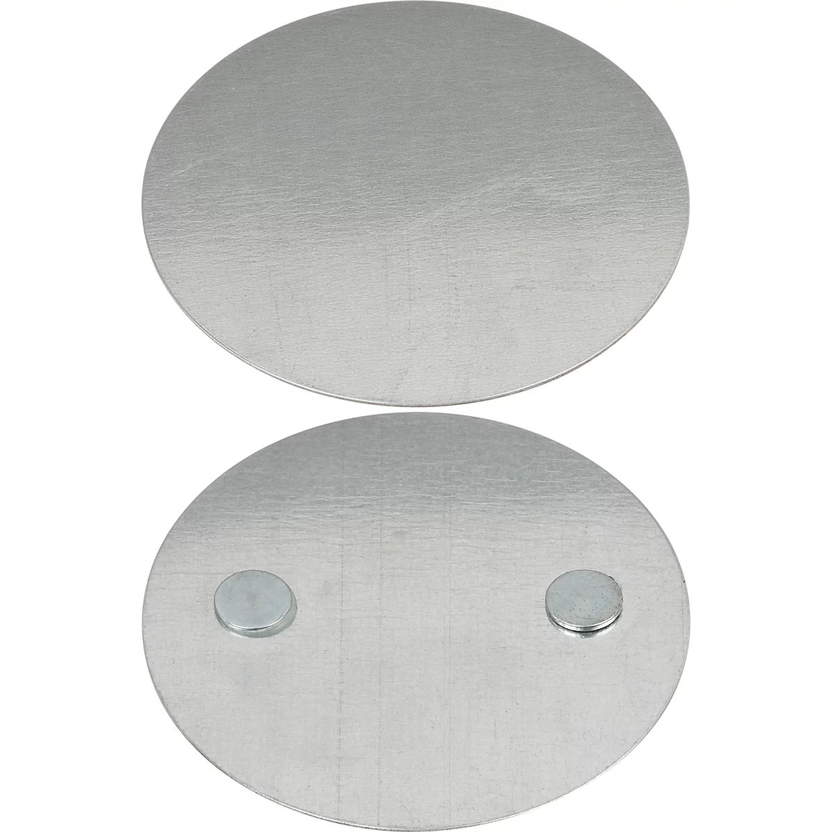 Zwei runde, flache Metallplatten mit einer matten Oberfläche und jeweils zwei kleinen, runden Magneten.