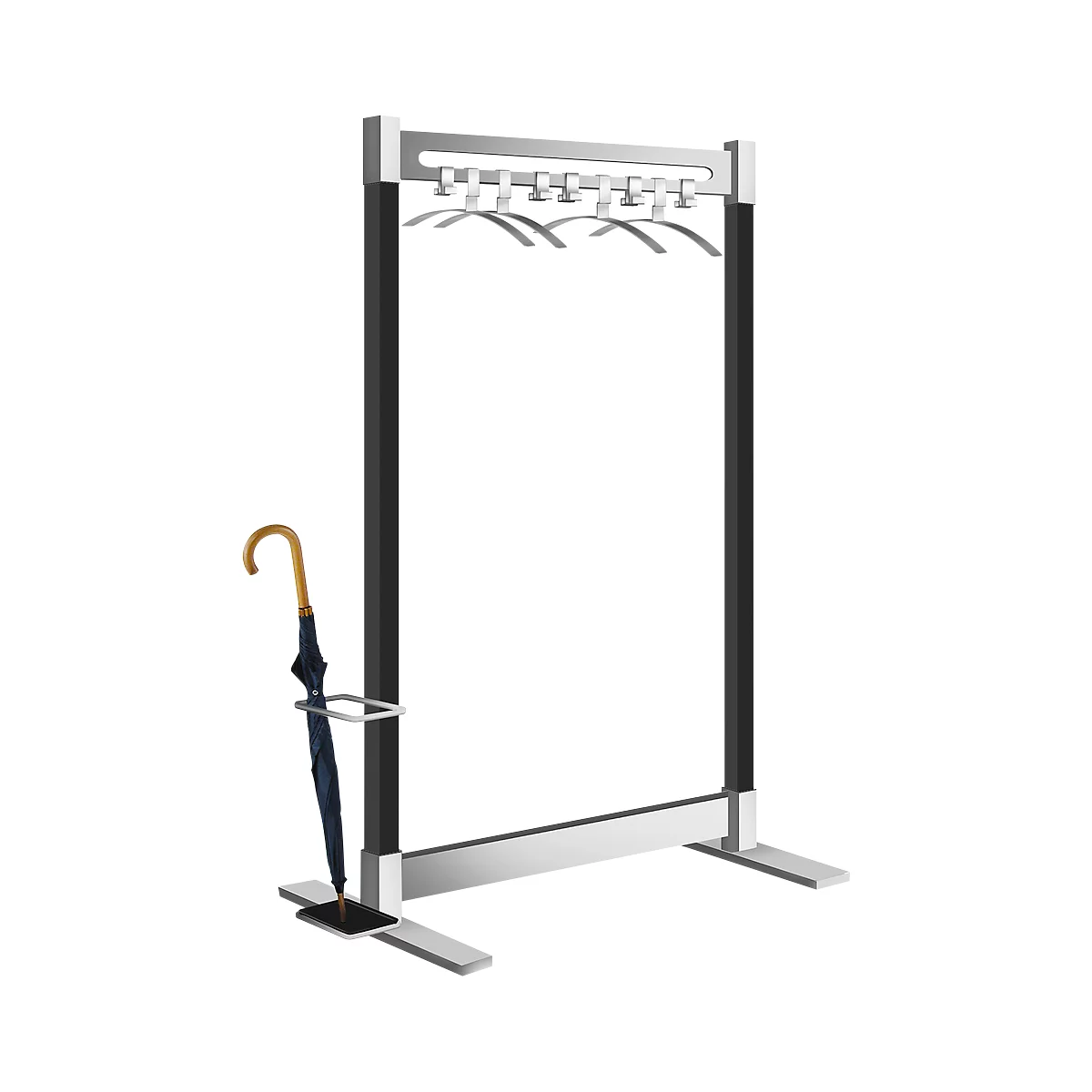 Metal coat rack with hangers and umbrella stand.