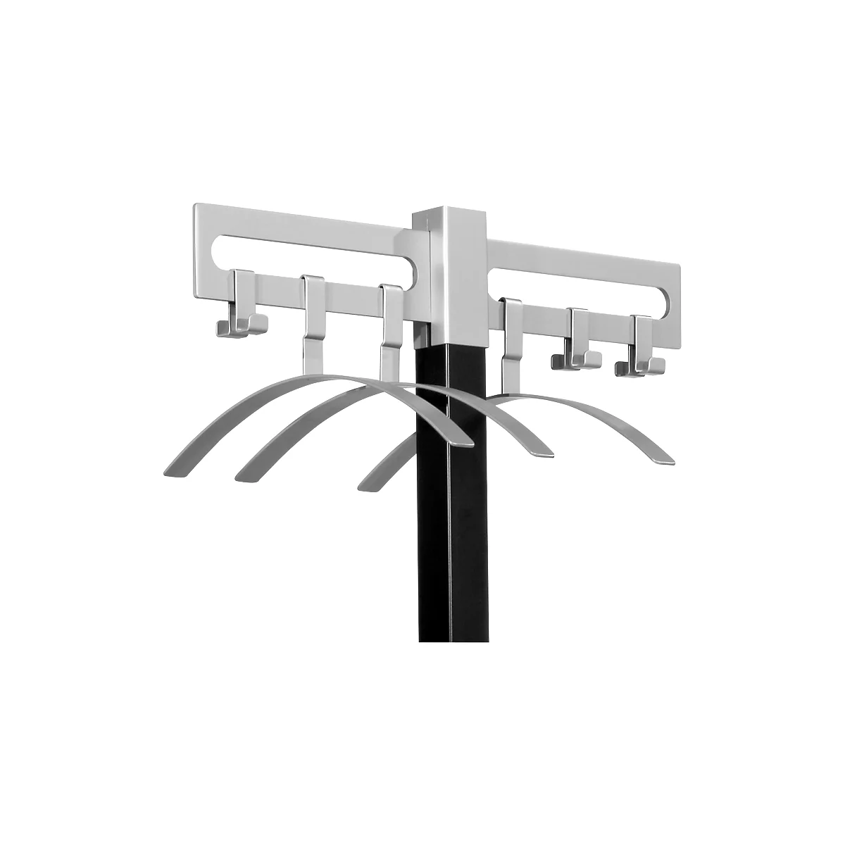 Gray coat racks with hangers, on a white background.