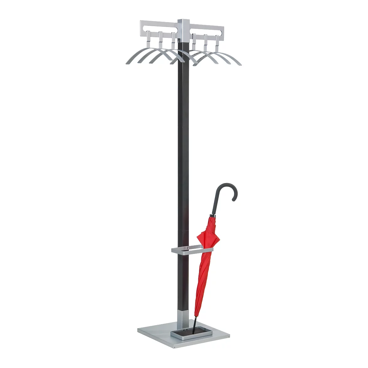 Coat stand with hangers and a red umbrella.