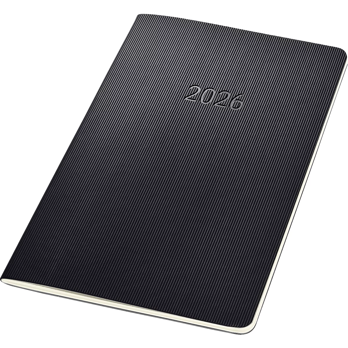 A black notebook with a diagonally ribbed pattern, with the year 2026 embossed on the cover.