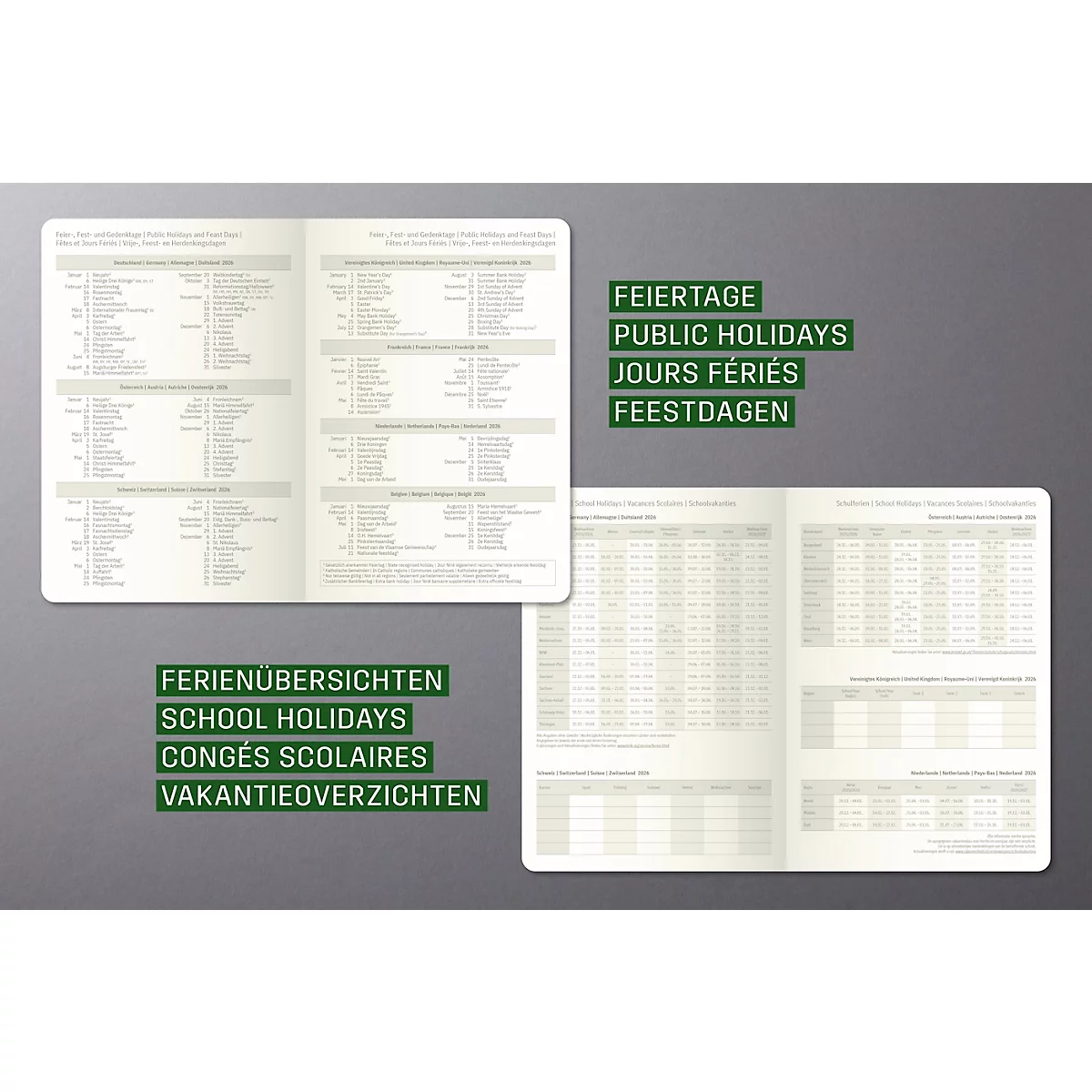 Calendar with public holidays and school holidays in German, English, French, and Dutch. On a green background.