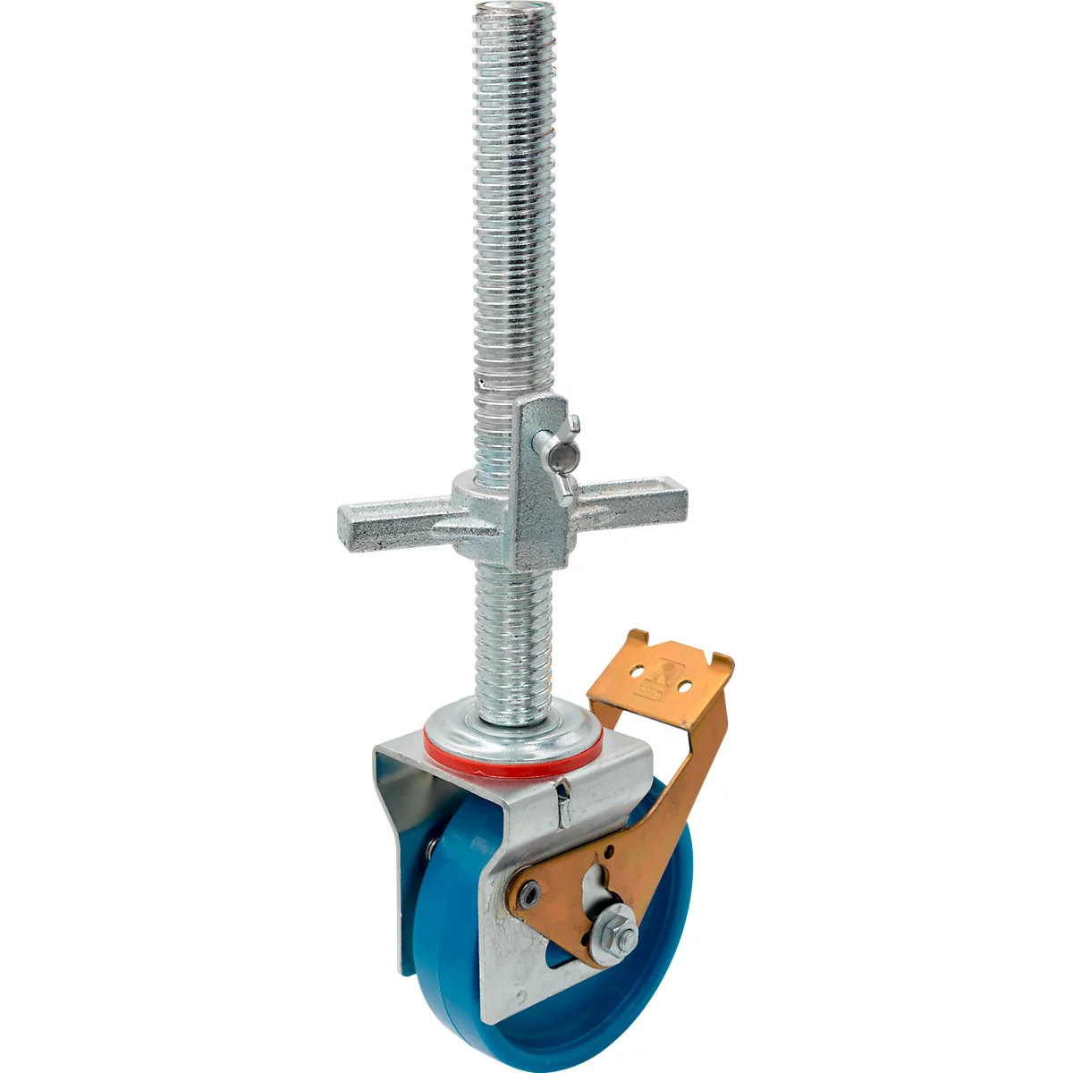 Metal wheel with blue wheel, screw thread and copper-colored elements.