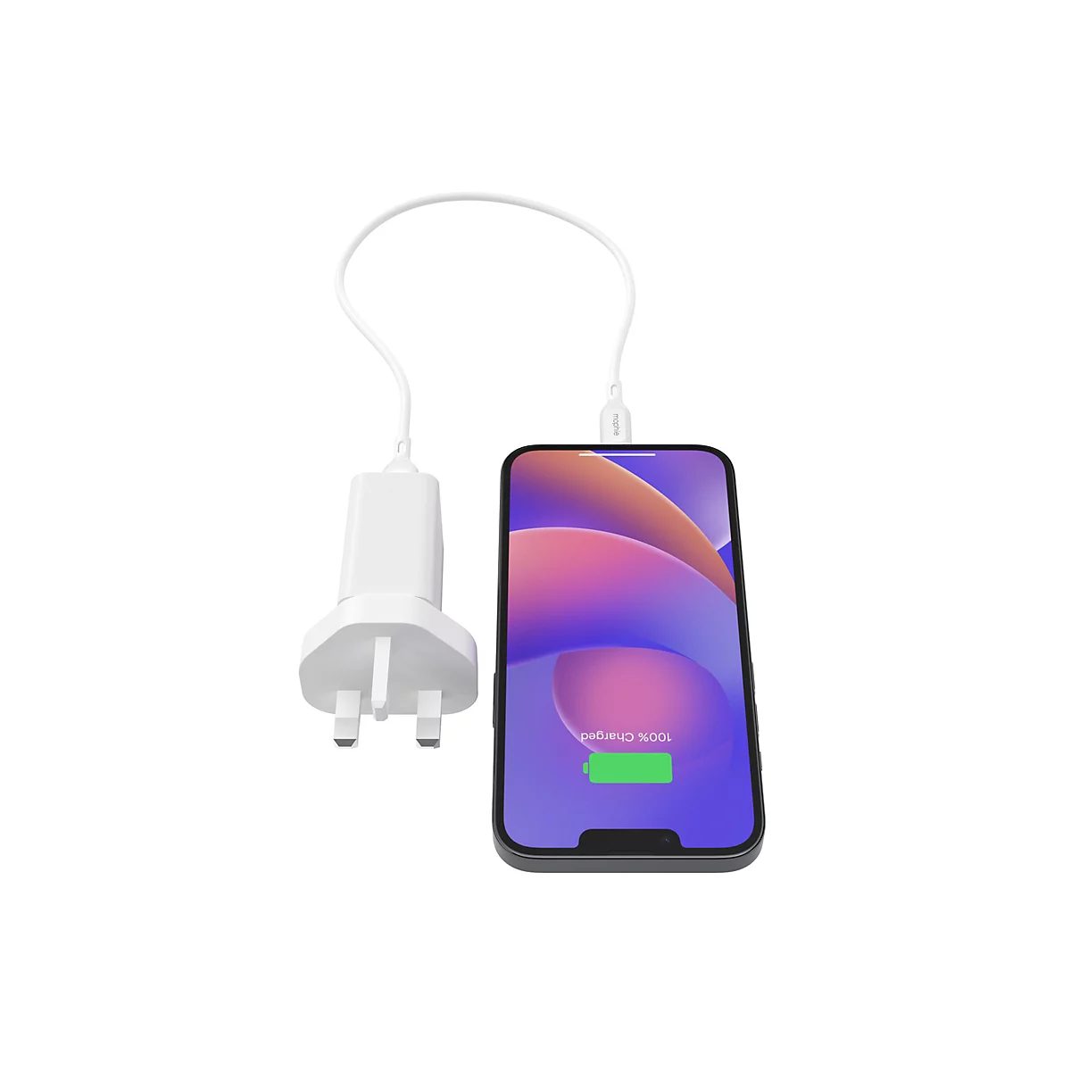 Ein Smartphone wird mit einem weißen Ladegerät aufgeladen. Auf dem Display steht '100% geladen'.