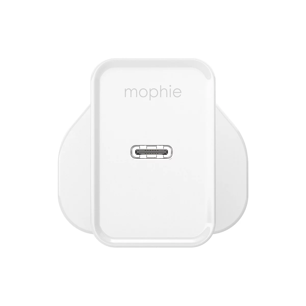 Weißes Ladegerät mit 'mophie' Logo und USB-C-Anschluss.