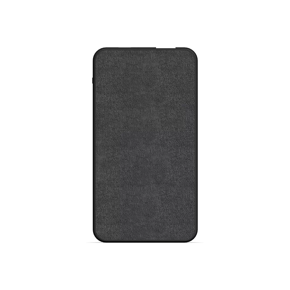 Dunkelgraue Handyhülle mit texturierter Oberfläche. Abgerundete Ecken, schwarzer Rahmen.