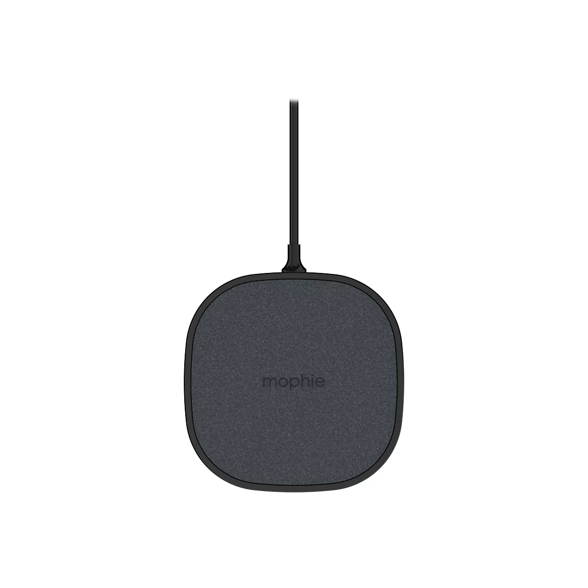 Drahtloses Ladegerät, quadratisch, mit schwarzem Stoff bedeckt. Oberhalb ist ein schwarzes Kabel zu sehen.