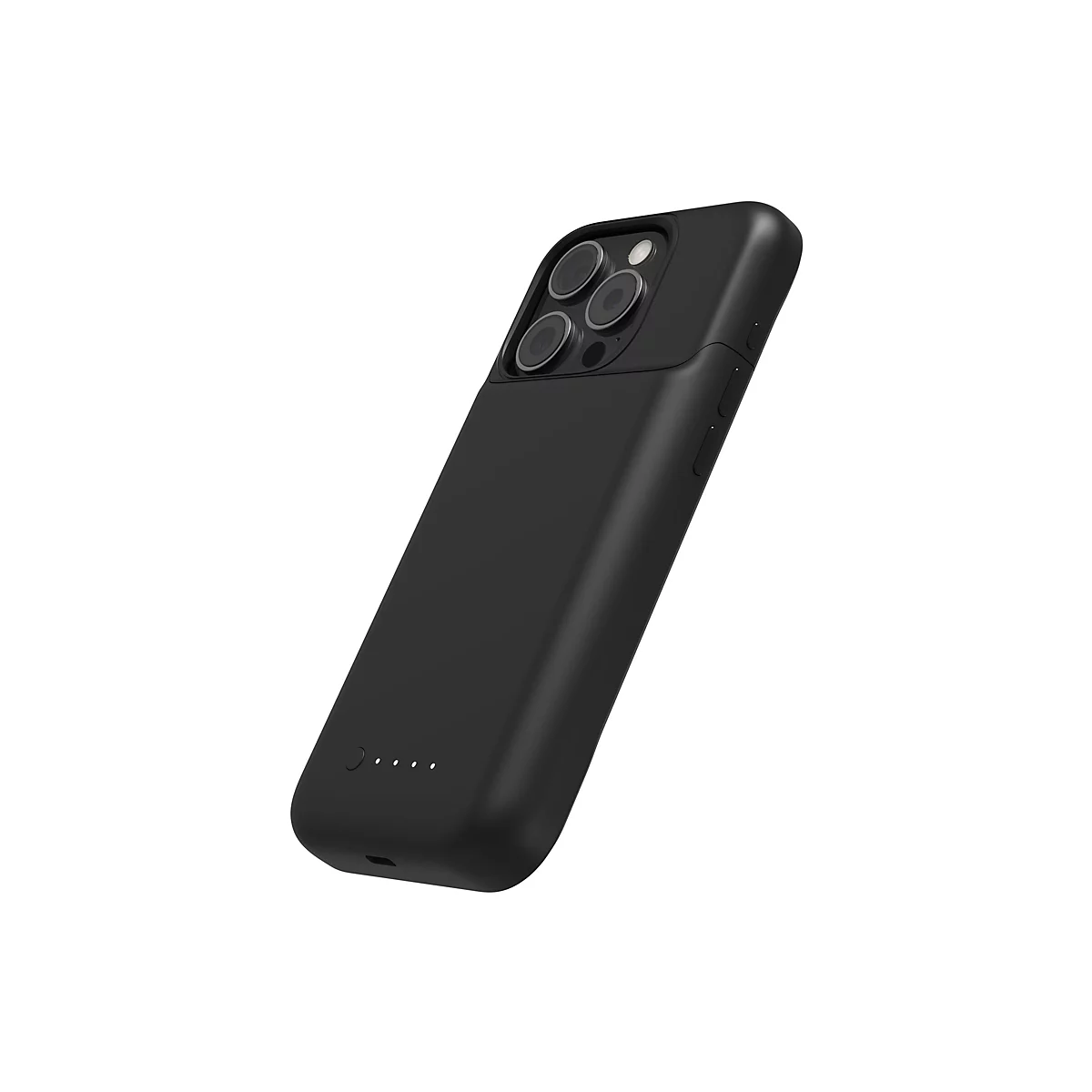 Schwarze Handyhülle mit drei Kameralinsen, weißen LEDs und Knöpfen an der Seite. Hintergrund weiß.