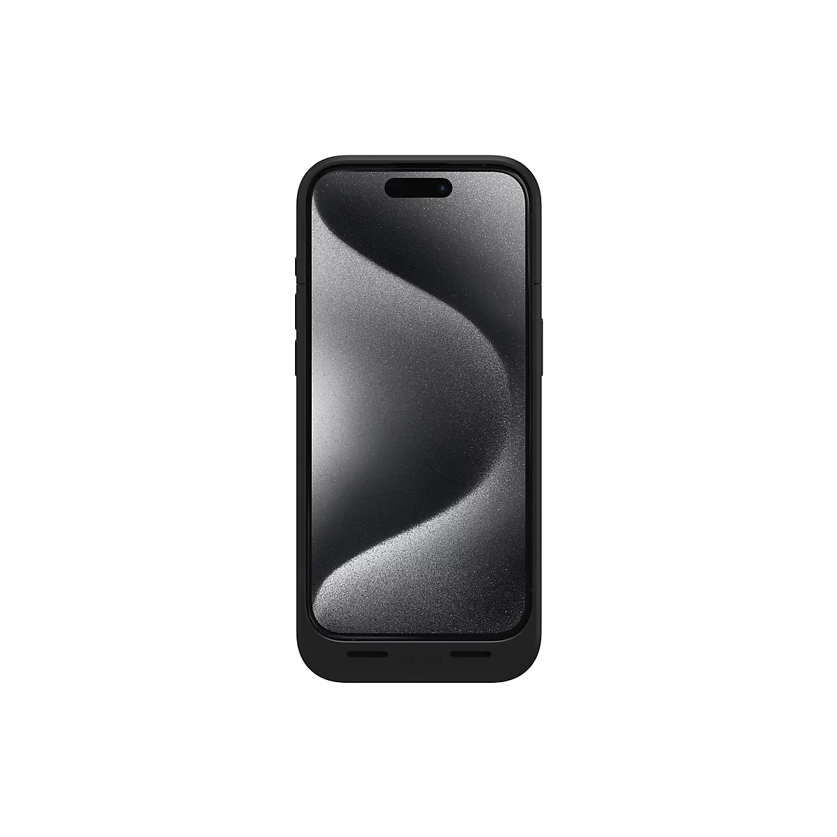 Schwarzes Smartphone in einer Hülle, vor weißem Hintergrund. Das Display zeigt eine abstrakte, schwarz-graue Struktur.