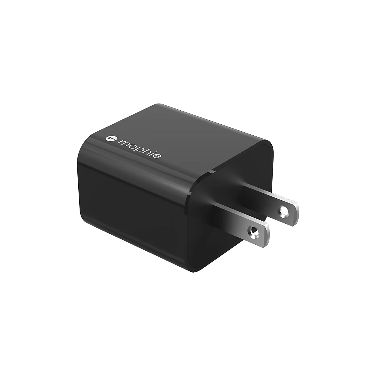 Schwarzes Ladegerät mit dem Wort "mophie" darauf, mit silbernen Steckern, vor weißem Hintergrund.