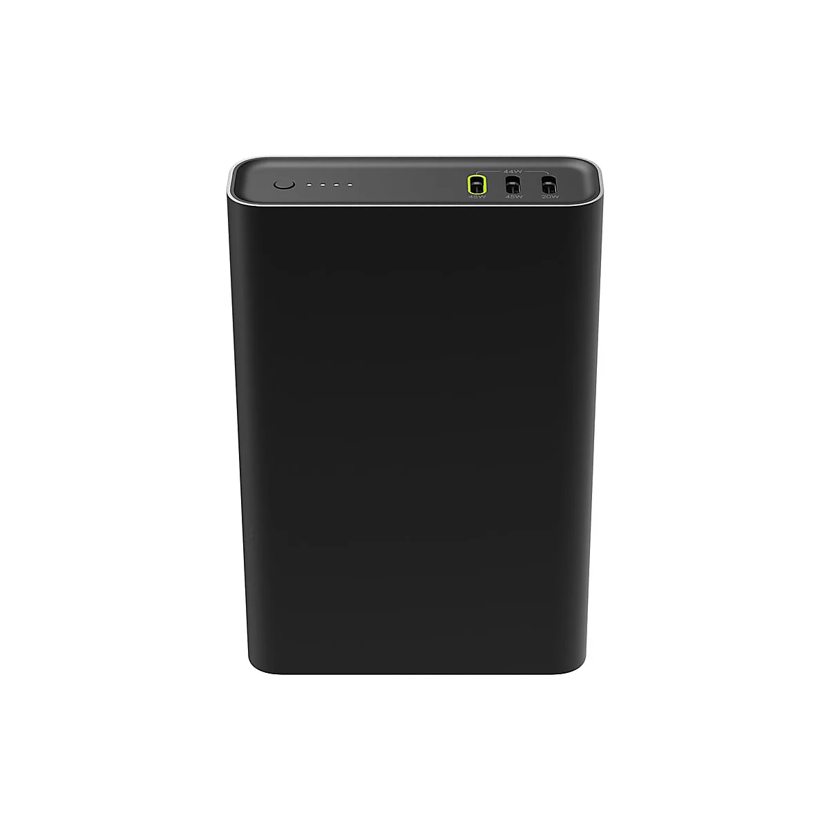 Schwarze Powerbank auf weißem Hintergrund. Oben LEDs, Ladeanschlüsse, Leistungsangaben.