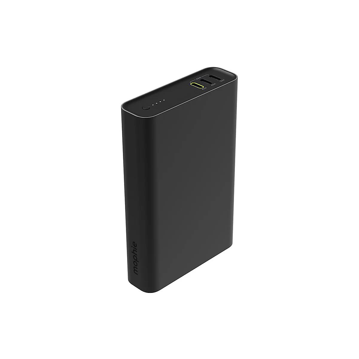 Ein schwarzes Mophie-Ladegerät, diagonal vor weißem Hintergrund. Oben Leuchtanzeige und Power-Knopf.