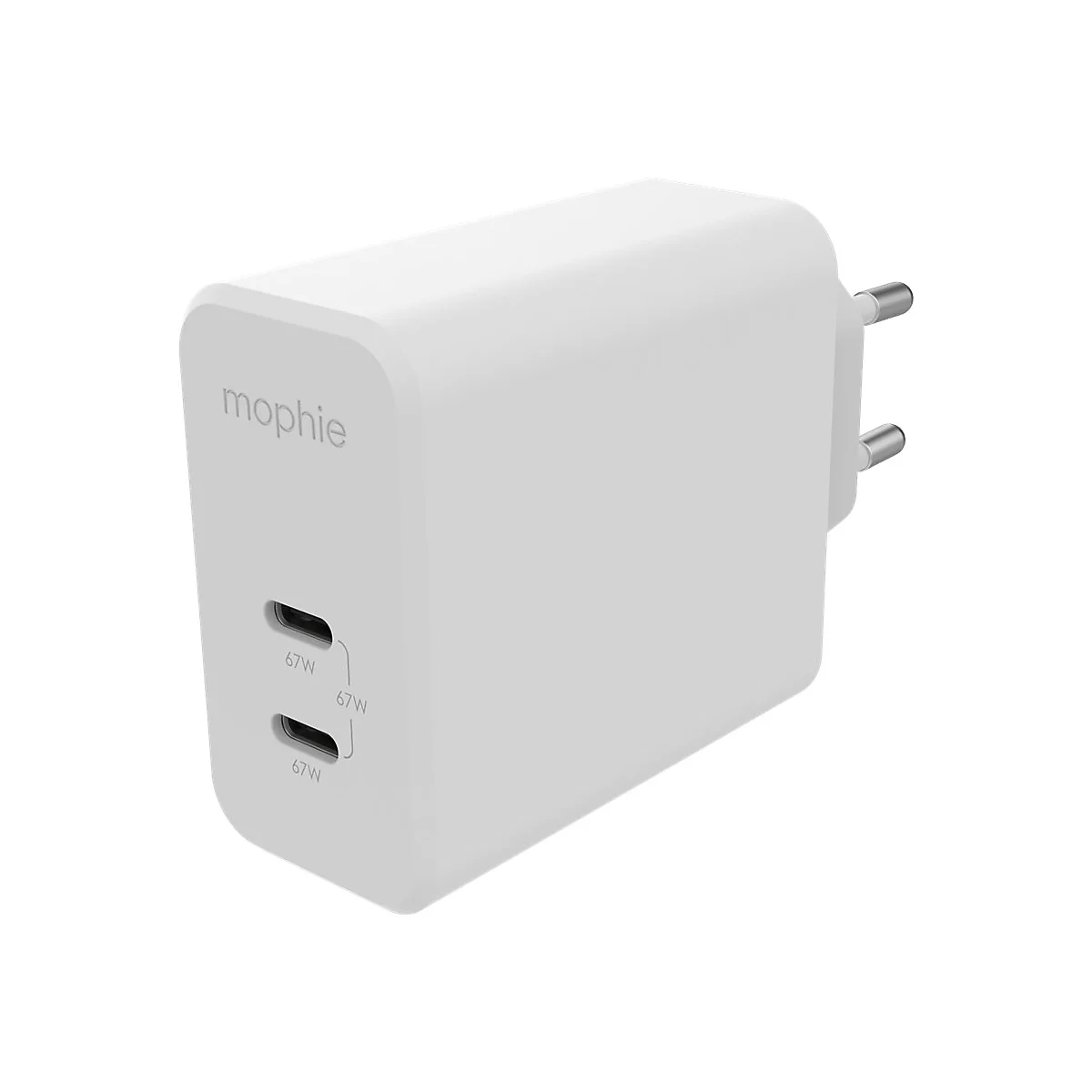 Weißes Ladegerät der Marke mophie. Es hat 2 USB-C-Anschlüsse und 67W Beschriftung. Die Stecker sind an der Rückseite.
