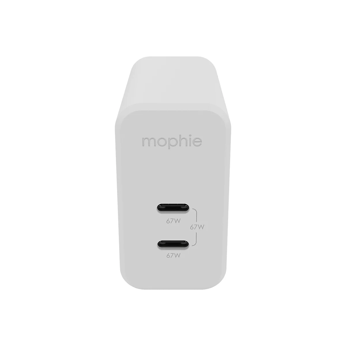 Ein weißes Ladegerät mit „mophie“-Schriftzug und drei USB-C-Anschlüssen mit 67W-Kennzeichnung.