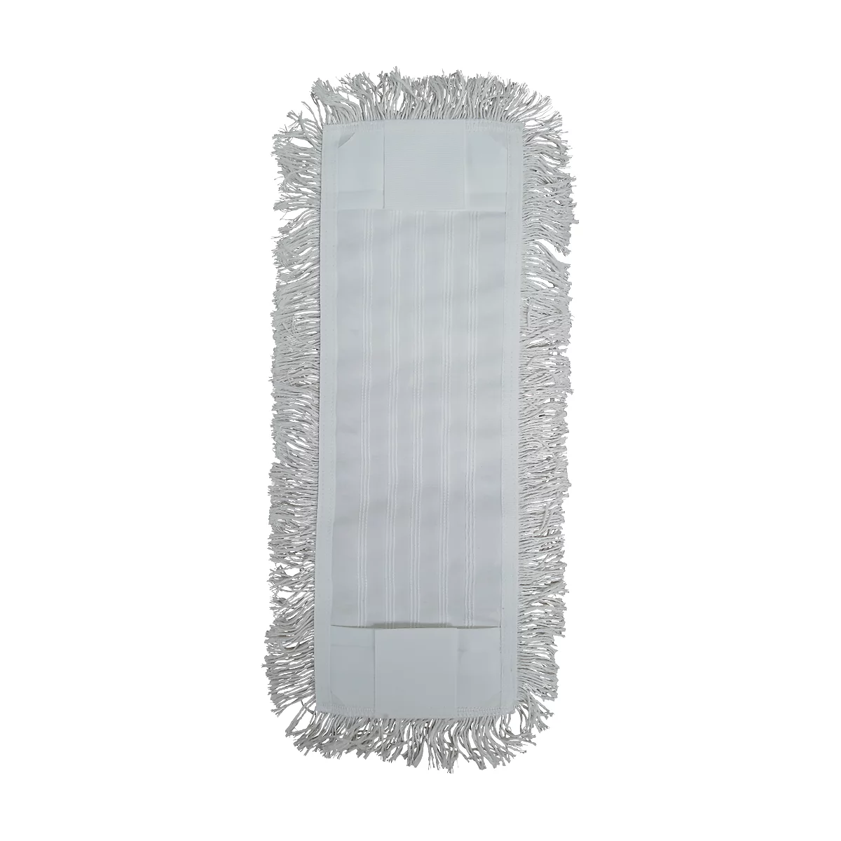 White, rectangular mop head, fringed around the edges. Vertical stripes decorate the middle.