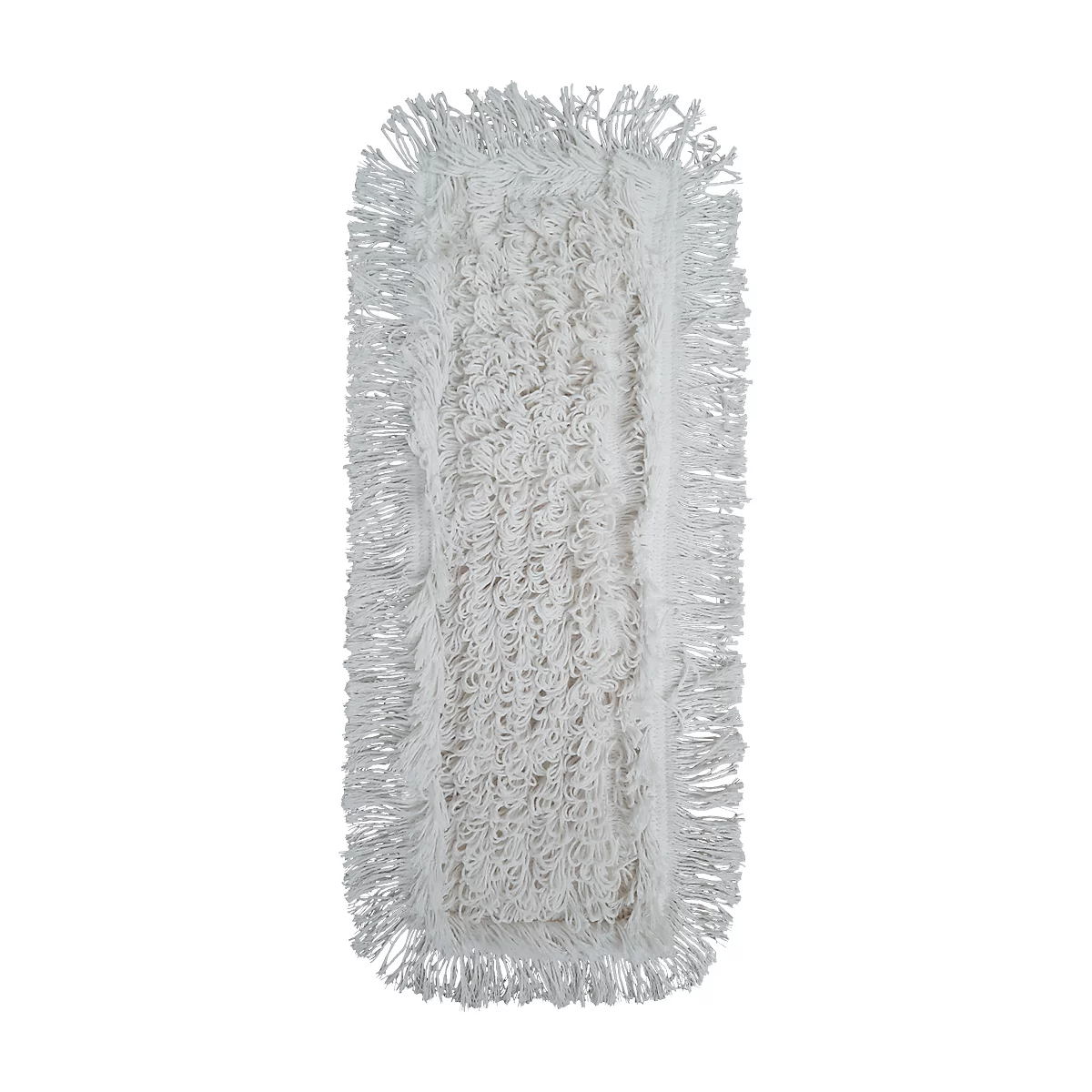 A rectangular white mop head with fringed edges, top view.