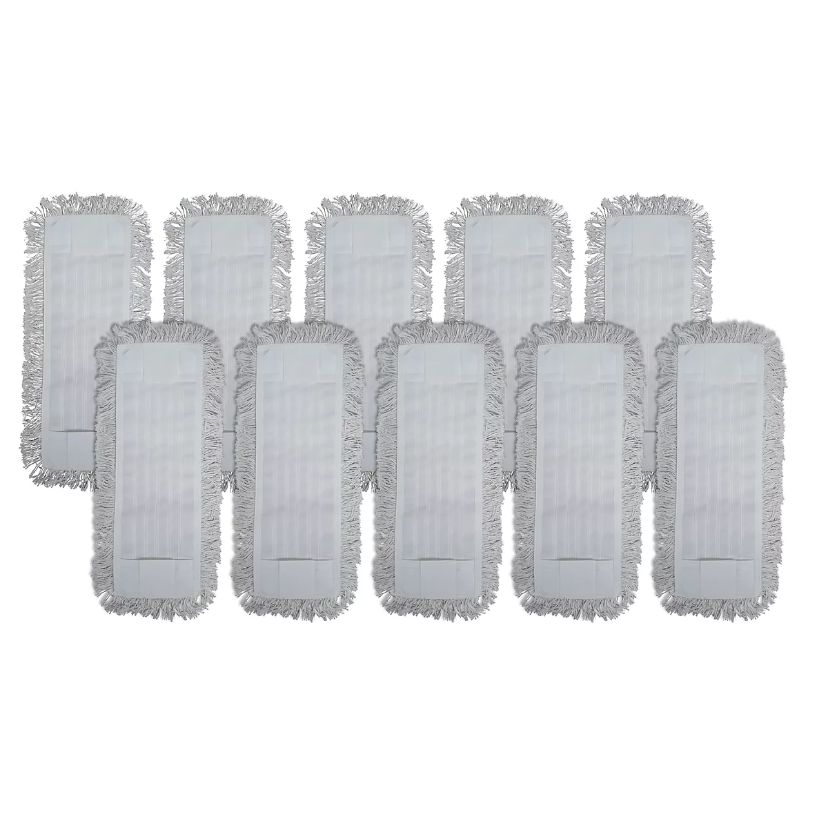 A collection of ten white mop attachments with fringes on the edges, on a white background.